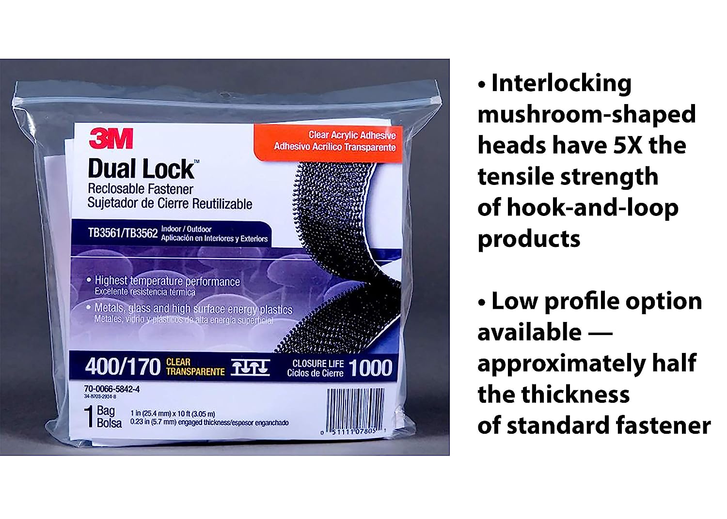 3M Dual Lock Reclosable Fasteners, Heavy Duty Industrial Use, Clear, TB3561, 1" x 10 ft Mated Strip, Indoor/Outdoor Use, Great for Metal, Glass, Acrylic, PC, ABS - Image 5